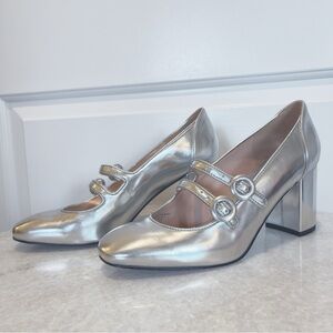 J. Crew Maisie Silver Mary Jane Double-Strap Heels, Size 8, Excellent Condition